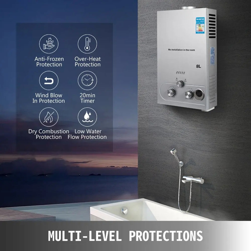 Sihao LPG Gas Hot Water Heater 6L-18L Tankless Instant Butane Propane Gas Boiler With Shower Kit LCD Display For Home Camping ﻿