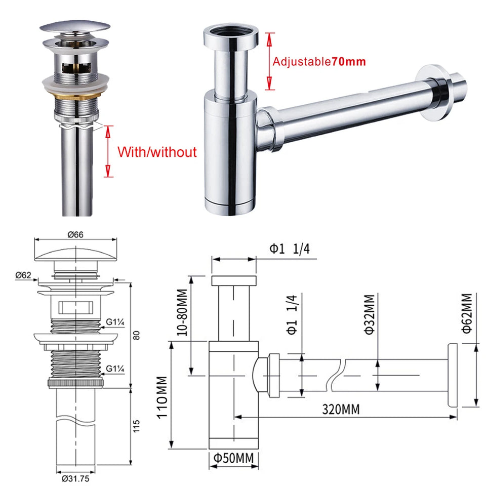 Bathroom Basin Bottle Trap Drain Modern Bathroom Sink P-Trap Set Pop Up Filter Chrome Basin Siphon Horse Accessory Renovation