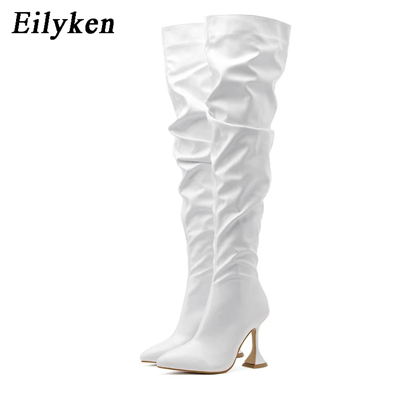 Eilyken White Pleated Leather Over The Knee Boots Fashion Runway Strange High Heels Sexy Zip Design Womans Shoes