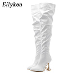 Eilyken White Pleated Leather Over The Knee Boots Fashion Runway Strange High Heels Sexy Zip Design Womans Shoes