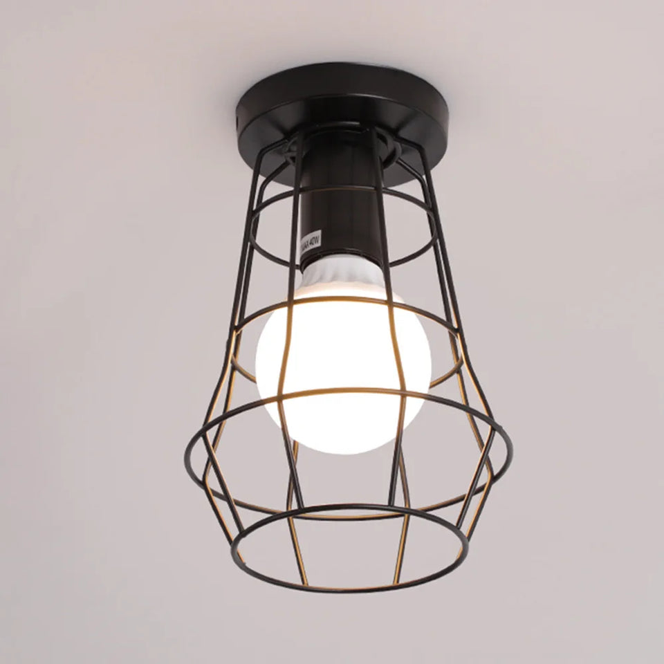Vintage Ceiling Light Flush Mount Black Iron Lampshade Industrial E27 Pendant Light Grid Cage Bedroom Kitchen Living Room Coffee