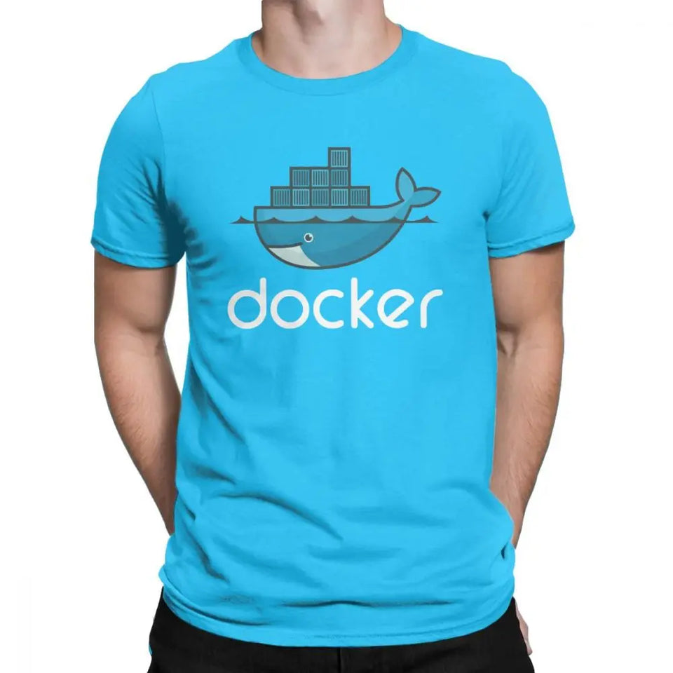Men Docker Logo T Shirt Linux Javascript Computer Cotton Sweatshirt Funny Short Sleeve Round Neck Tees Graphic T-Shirts