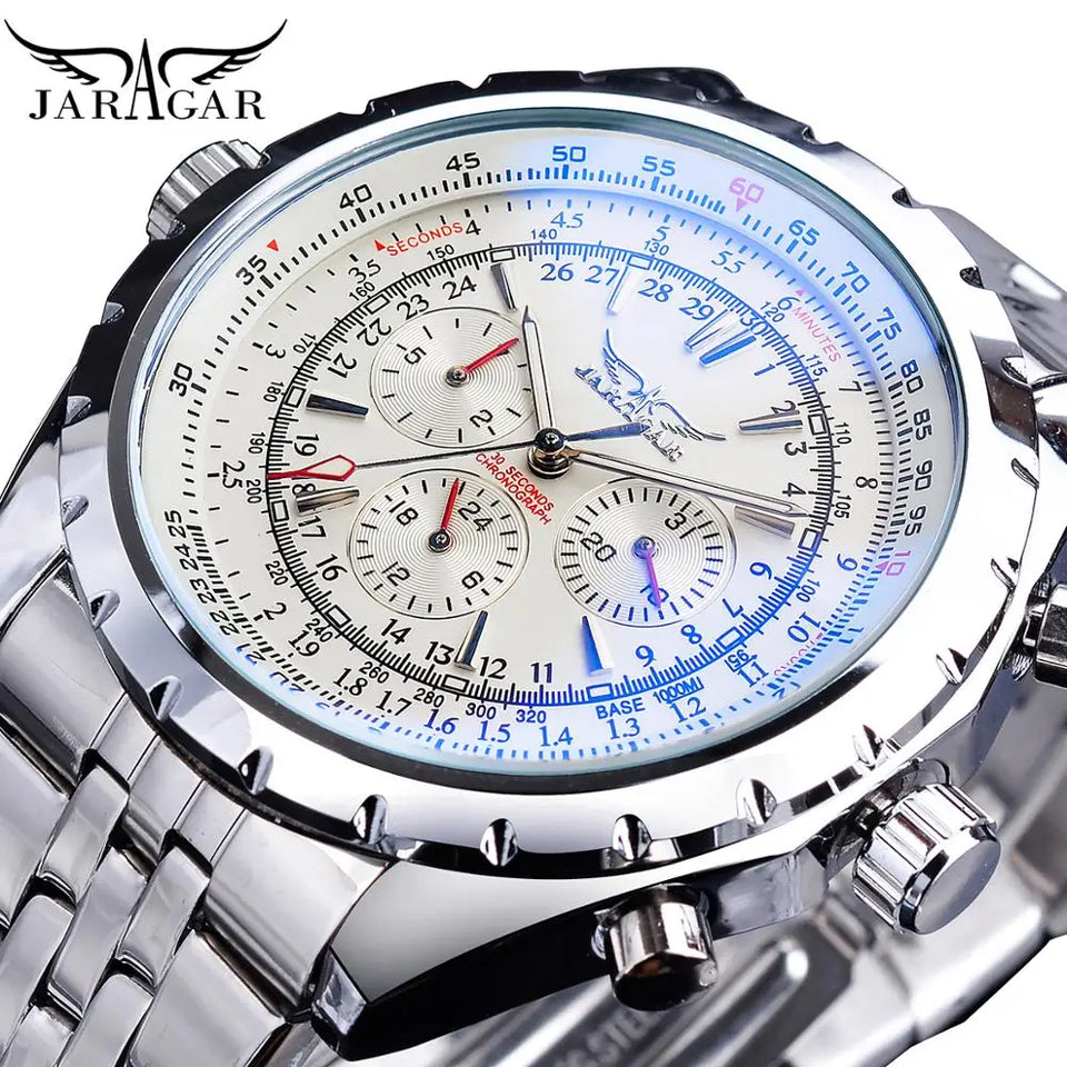 Jaragar 3 Dial Men's Automatic Watch Stainless Steel Mechanical Men's watches Date Week Display Luminous Wristwatch Blue Glass