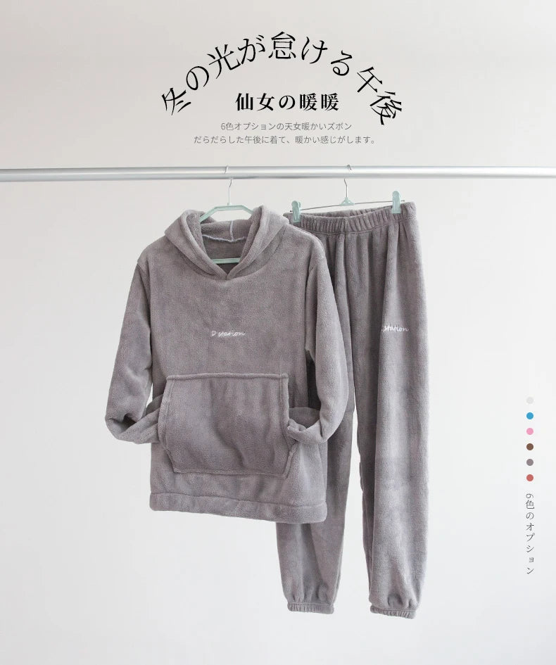 Women Winter Flannel Pajama Set Fleece Pajamas Sleepwear Homewear Thick Warm Velvet Female Suit Fall Sweatshirt Ladies Pyjama