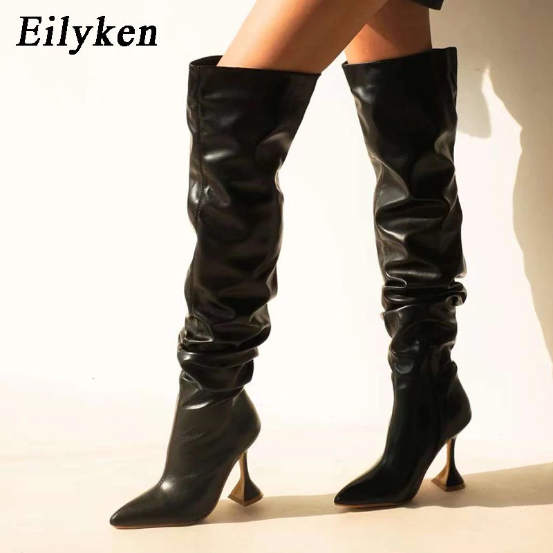 Eilyken White Pleated Leather Over The Knee Boots Fashion Runway Strange High Heels Sexy Zip Design Womans Shoes