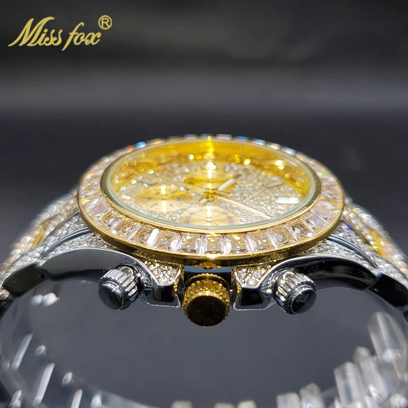 MISSFOX Men Watches 2021 Luxury Large Case With Baguette Full Diamond Quartz Wristwatch Chronograph Calendar Watch Droshipping