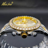 MISSFOX Men Watches 2021 Luxury Large Case With Baguette Full Diamond Quartz Wristwatch Chronograph Calendar Watch Droshipping
