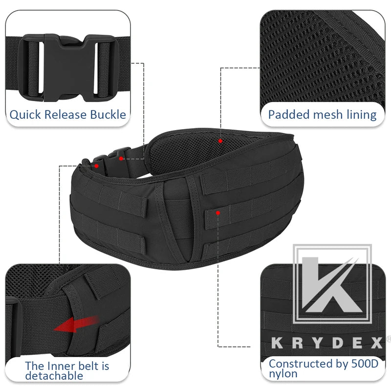 KRYDEX Tactical Waist Belt, MOLLE Soft Wide Padded Battle Belt, Shooting Airsoft Hunting Multi-Function Quick Release Belt
