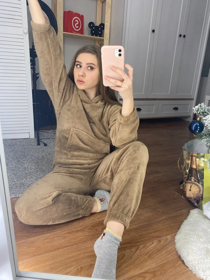 Women Winter Flannel Pajama Set Fleece Pajamas Sleepwear Homewear Thick Warm Velvet Female Suit Fall Sweatshirt Ladies Pyjama