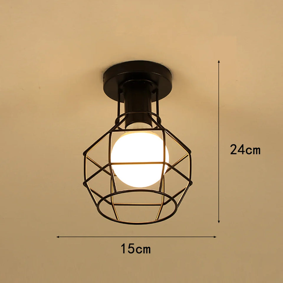 Vintage Ceiling Light Flush Mount Black Iron Lampshade Industrial E27 Pendant Light Grid Cage Bedroom Kitchen Living Room Coffee