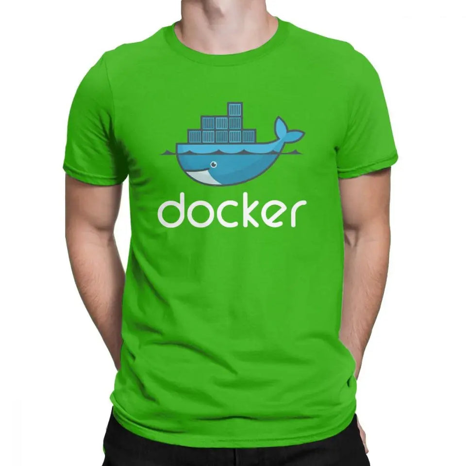 Men Docker Logo T Shirt Linux Javascript Computer Cotton Sweatshirt Funny Short Sleeve Round Neck Tees Graphic T-Shirts