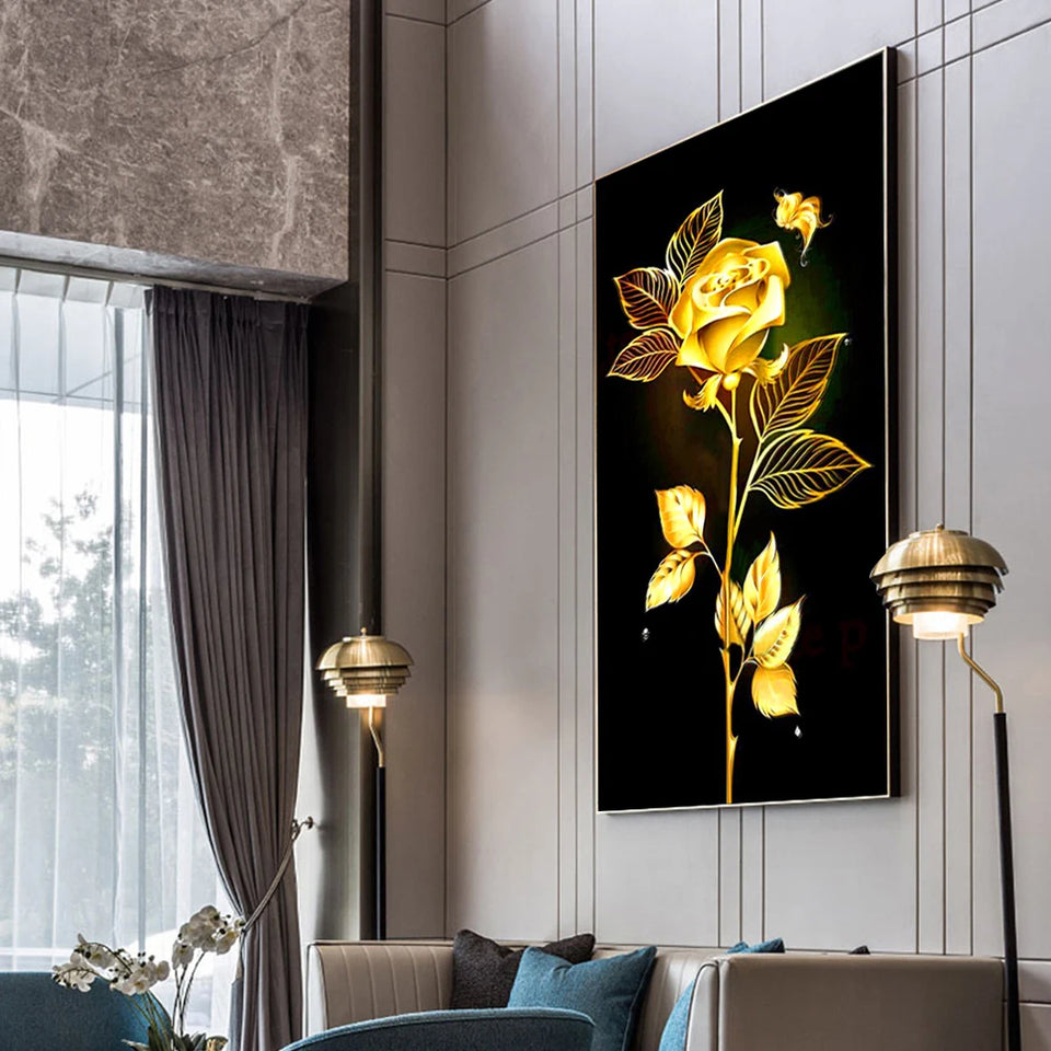 Abstract Golden Leaves and Flower Tree Oil Painting on Canvas Posters and Prints Wall Art Pictures for Living Room Cuadros Decor
