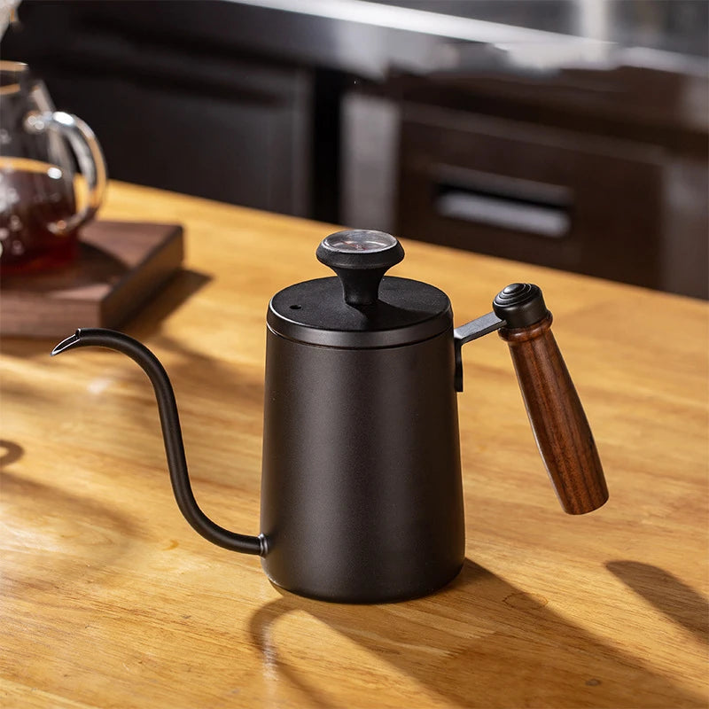 600ML Non-stick Stainless Steel Pour Over Coffee Tea Pot with Thermomet Long Narrow Spout Hand Drip Kettle Coffee Accessories