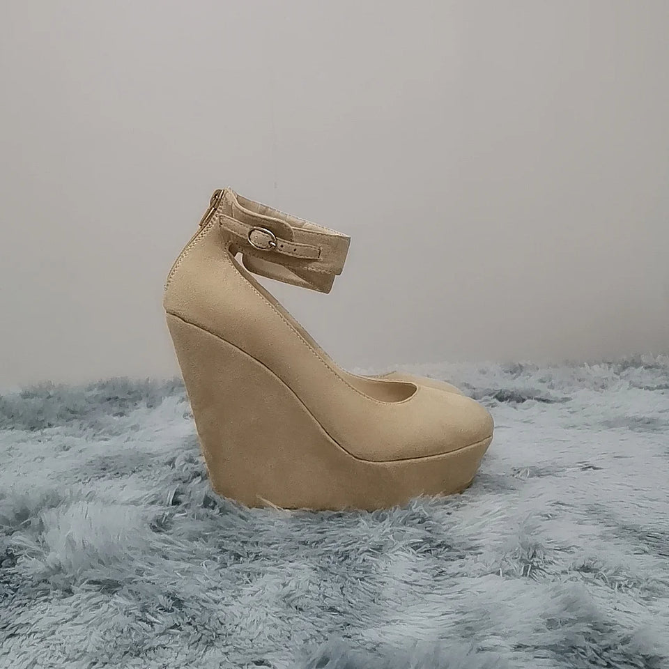 LOSLANDIFEN Women Shoes Flock Buckle Bowtie Ankle Strap High Heels Sexy 14cm Platform Wedges Female Pumps Red Wedding Shoe