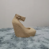 LOSLANDIFEN Women Shoes Flock Buckle Bowtie Ankle Strap High Heels Sexy 14cm Platform Wedges Female Pumps Red Wedding Shoe