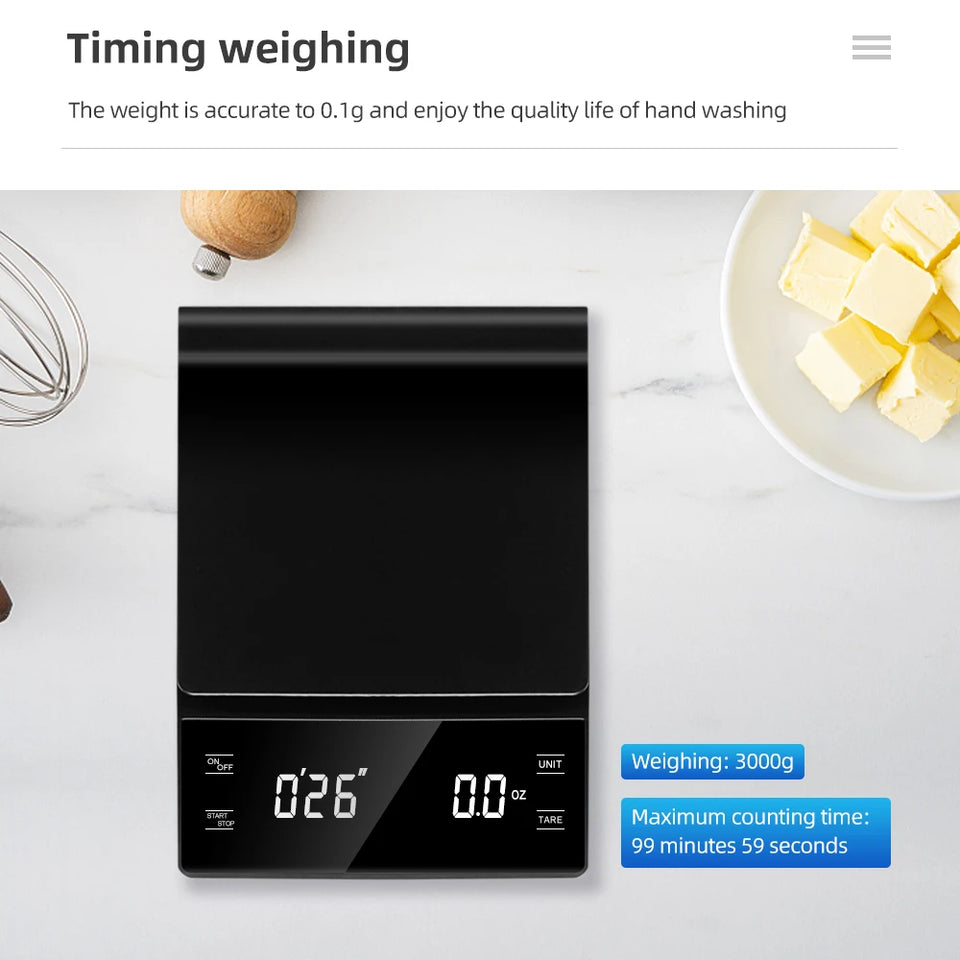 3kg/0.1g Coffee Scale with Timer Kitchen Tools Digital Multifunction Weighing Scale Pour Over Drip Espresso Scale LCD Display