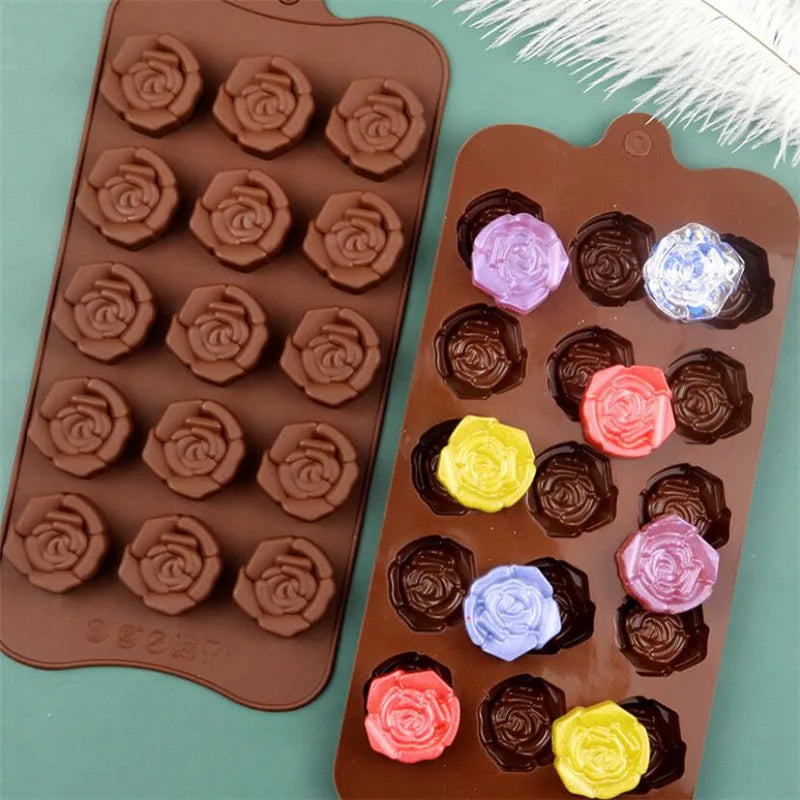 Coffee Chocolate Mould 15 Cavity Silicone Flower Rose Chocolate Cake Soap Mold Ice Trays Baking Mould Cake Decorating Tools