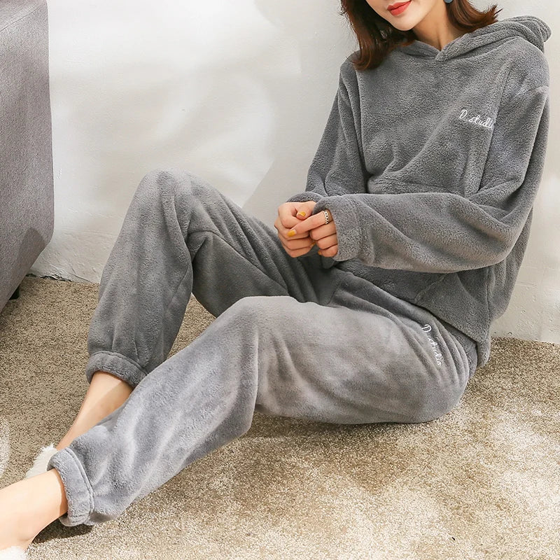 Women Winter Flannel Pajama Set Fleece Pajamas Sleepwear Homewear Thick Warm Velvet Female Suit Fall Sweatshirt Ladies Pyjama