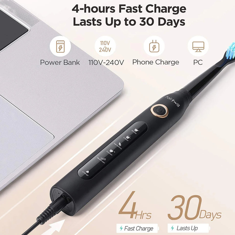 Fairywill Electric Sonic Toothbrush FW-D7 USB Charge Rechargeable Adult Waterproof Electronic Tooth Brushes Replacement Heads 8