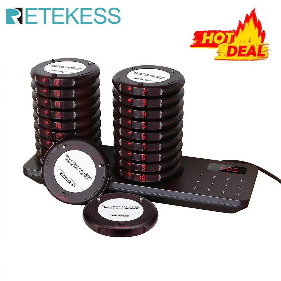 RETEKESS T119 Wireless Restaurant Paging System Coaster Vibrater Buzzer Receiver 2-Way Charge for Cafe Food Trucks
