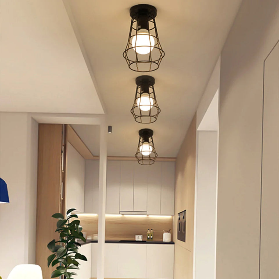 Vintage Ceiling Light Flush Mount Black Iron Lampshade Industrial E27 Pendant Light Grid Cage Bedroom Kitchen Living Room Coffee