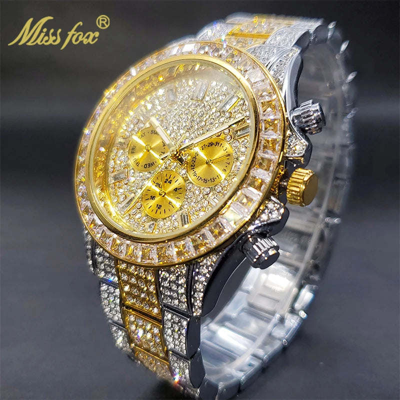 MISSFOX Men Watches 2021 Luxury Large Case With Baguette Full Diamond Quartz Wristwatch Chronograph Calendar Watch Droshipping