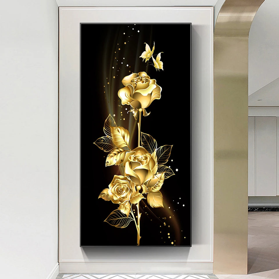 Abstract Golden Leaves and Flower Tree Oil Painting on Canvas Posters and Prints Wall Art Pictures for Living Room Cuadros Decor
