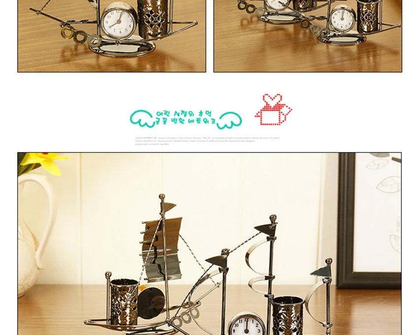 Creative Sailboat Shaped Pen Holder With Clock Office Pencil Box Desk Organizer Stand Case Stationery, Home Desktop Decoration