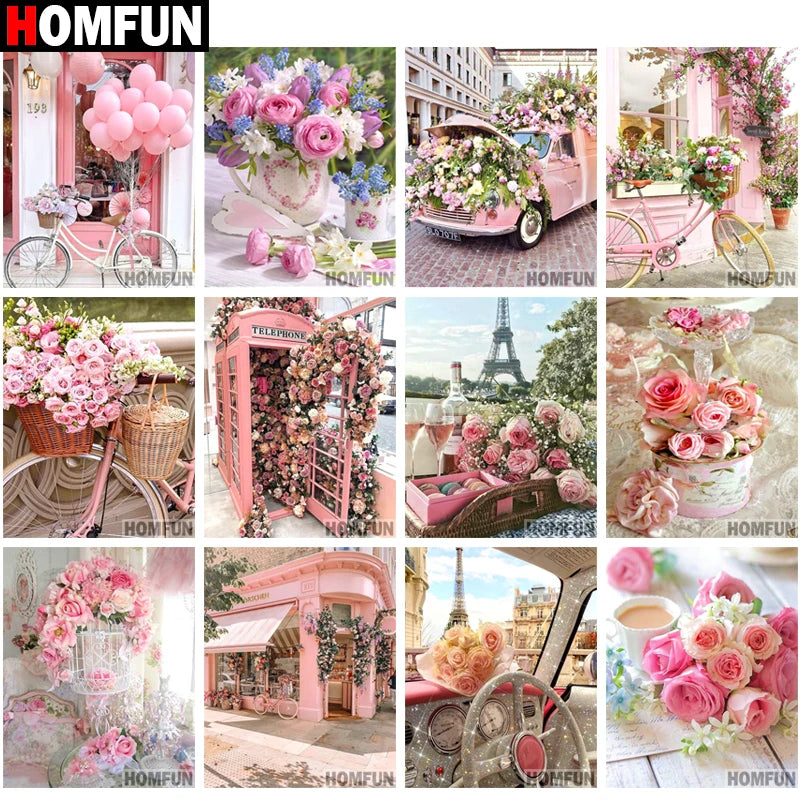 HOMFUN Diamond Painting Full Square/Round Drill 5D DIY "Rose flower car Tower" Daimond Embroidery Rhinestone Cross Stitch Decor