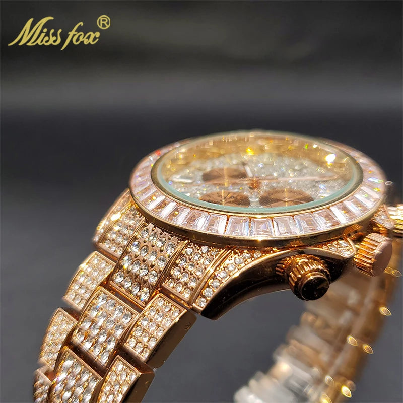 MISSFOX Men Watches 2021 Luxury Large Case With Baguette Full Diamond Quartz Wristwatch Chronograph Calendar Watch Droshipping
