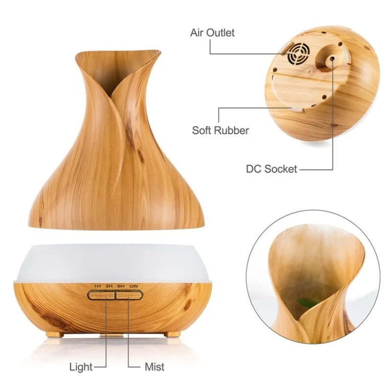 High Quality 500ml Air Humidifier Aroma Essential Oils Diffuser Perfume Wood Grain Aromatherapy Remote Control for Home Bedroom