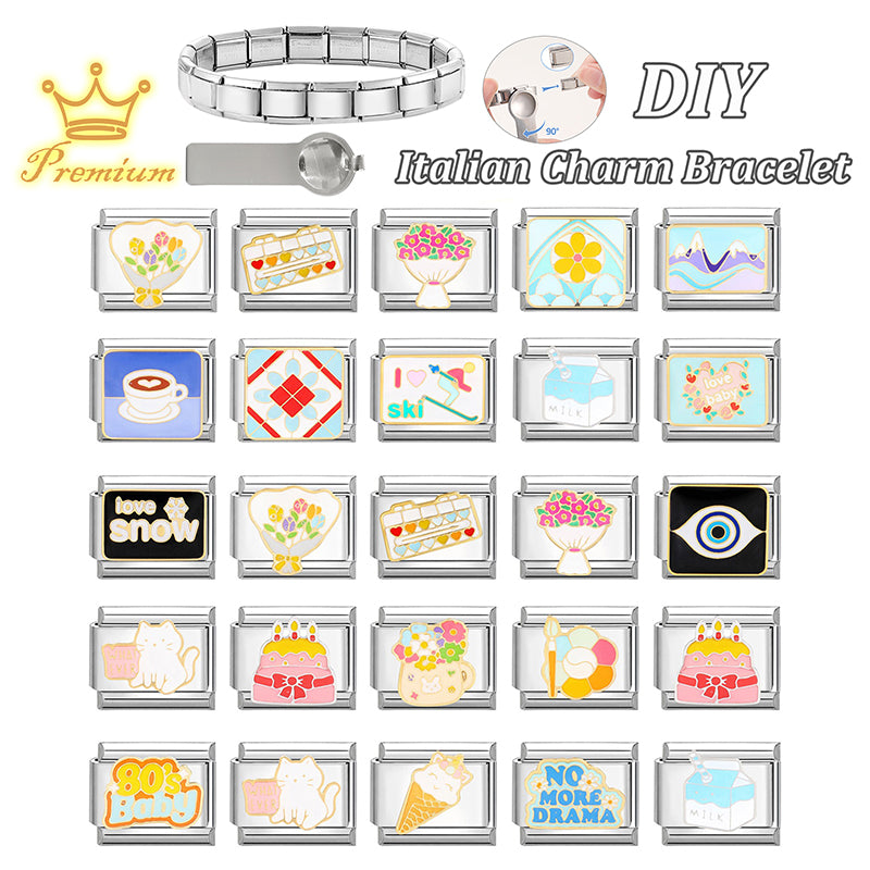 Cute Cats Flowers Planet Coffee Milk Cake Mountain Italian Charm Links Fit 9mm Stainless Steel Bracelet DIY Jewelry Making Gifts