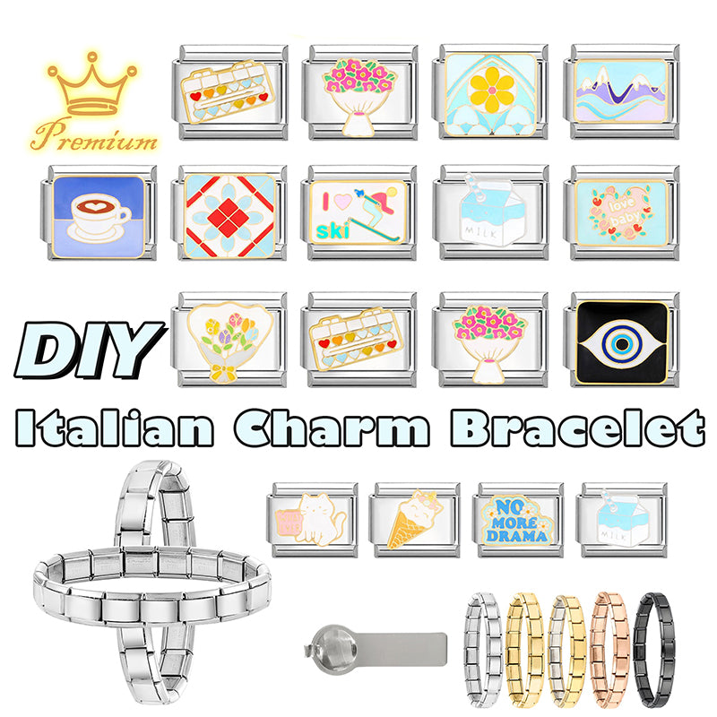 Cute Cats Flowers Planet Coffee Milk Cake Mountain Italian Charm Links Fit 9mm Stainless Steel Bracelet DIY Jewelry Making Gifts