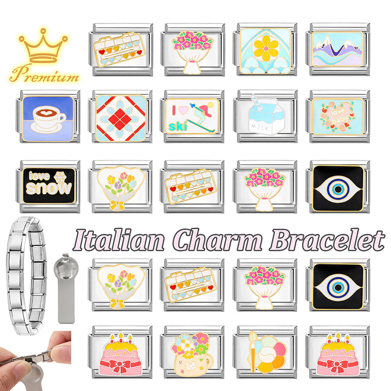 Cute Cats Flowers Planet Coffee Milk Cake Mountain Italian Charm Links Fit 9mm Stainless Steel Bracelet DIY Jewelry Making Gifts