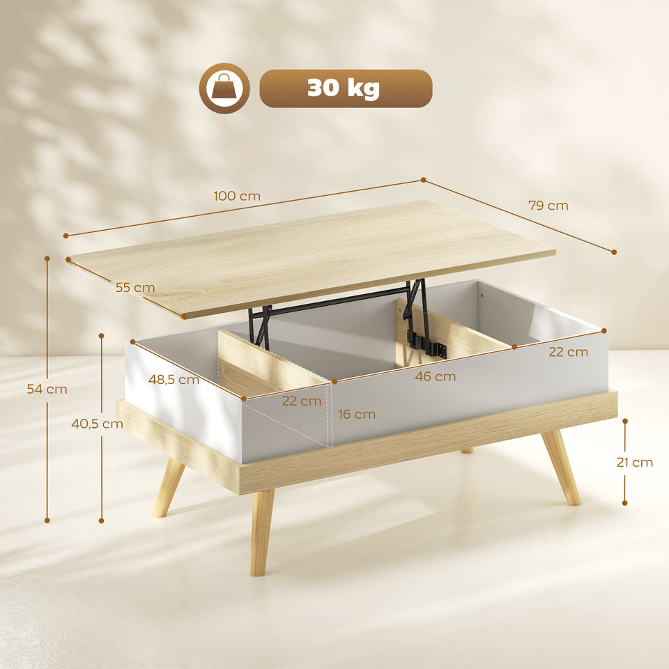 Homcom Liftable Coffee Table with 3 Hidden Storage Compartments and Wooden Legs 100X79X54 cm Natural and White