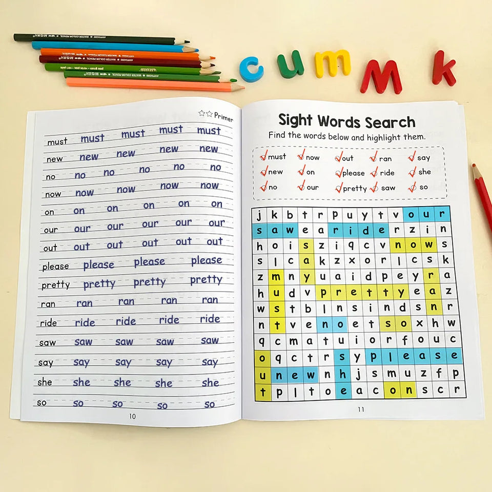 Sight Words Write and Search Game Workbook Preschool English Learning Aids Learn to Read for Beginners Vocabulary Building