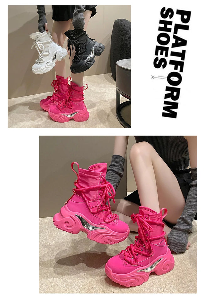 Women Ankle Boots Autumn Chunky Shoes Woman High Platform Breathable Sneakers 7.5CM Thick Sole Wedges Motorcycles Boots Winter