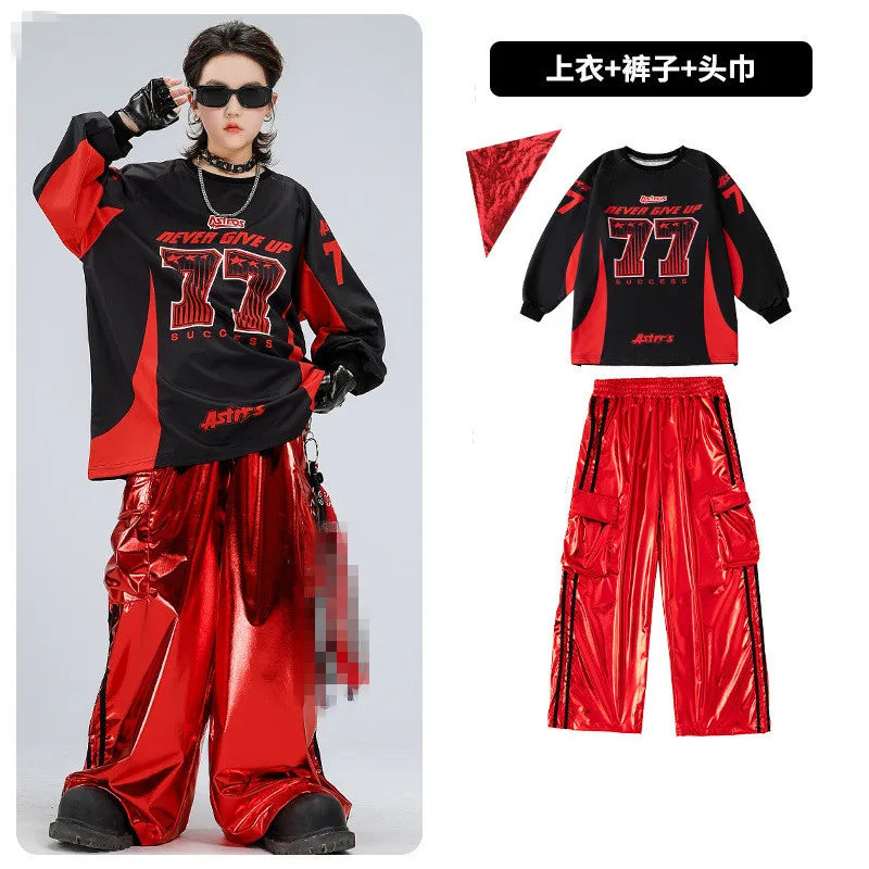 Boys Hip Hop Sweatshirt Shiny Vest Street Dance Cargo Pants Girls K-pop Clothes Set Kid Hip Hop Jazz Costume Children Streetwear