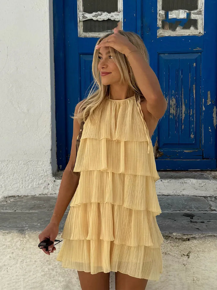 HH Women's Summer New Popular Sweet Laminated Decorative Halter Neck Dress Female Classy Sexy Backless Mini Sleeveless Dress