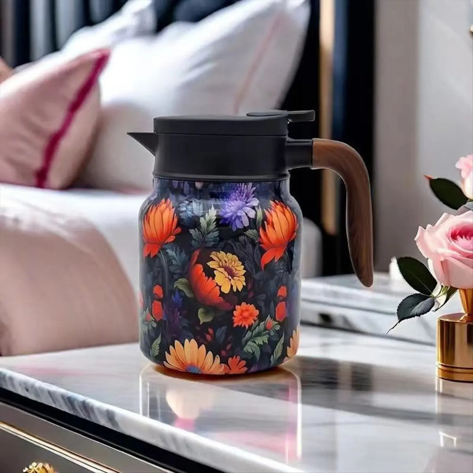 TOP! Vintage Floral Pattern Tea Built-in Infuser Stainless Steel Thermal Carafe with Lid for Hot Drinks Green