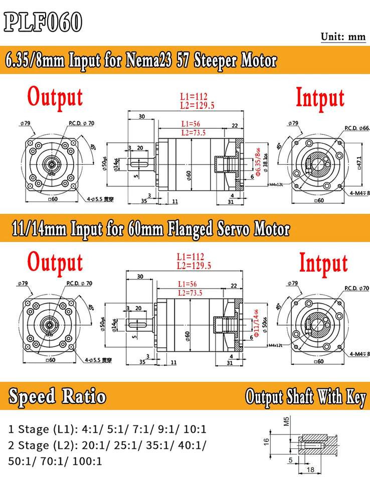 High Precision Planetary Reducer 6.35/8/11/14mm input Ratio 5:1 10:1 for Nema 23 57mm Nema34 86 Stepper 60mm Servo Motor Gearbox