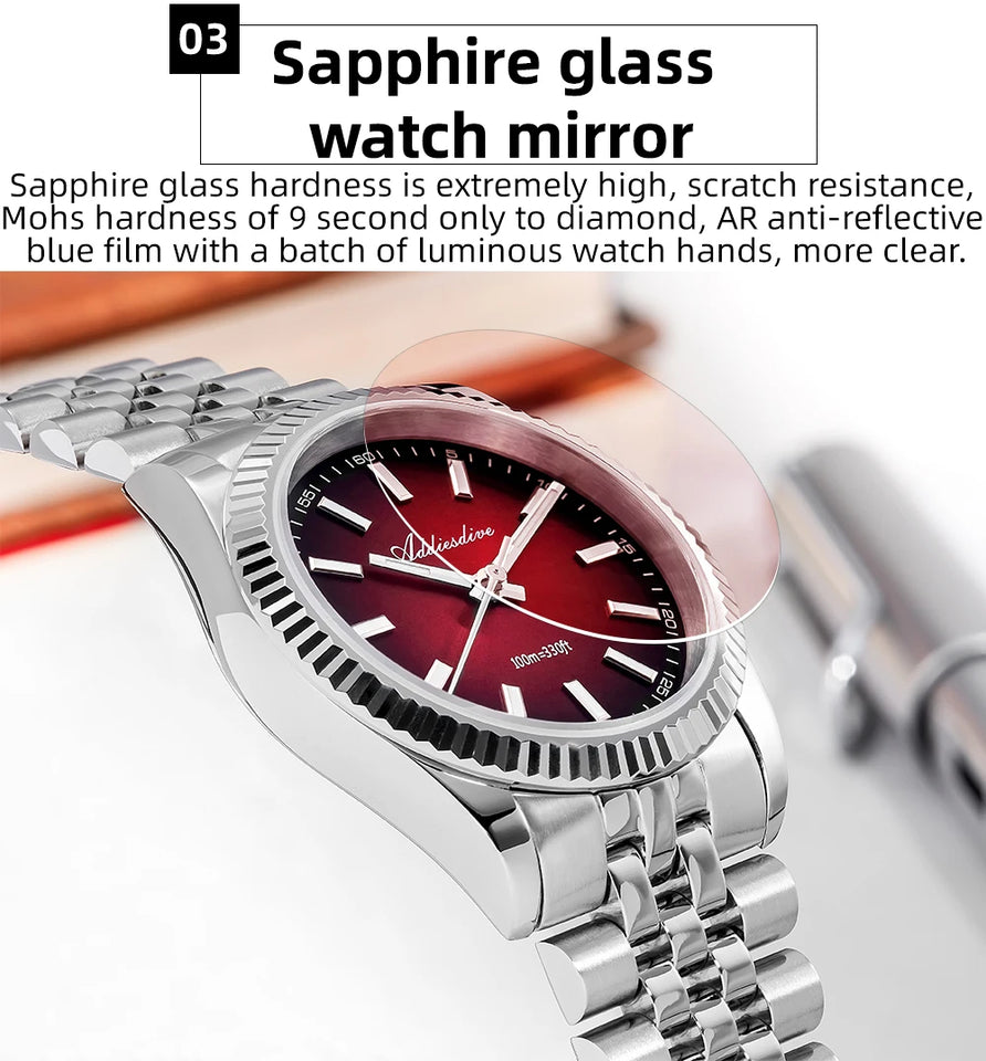 ADDIESDIVE AD2073 Men's Business Watch Sapphire Glass Stainless Steel Quartz Wristwatches Gradient Red Dial Watches Reloj Hombre