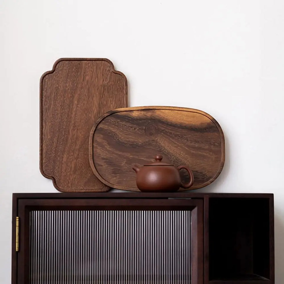 Retro Walnut Tea Tray Wooden Round Serving Platter Tray Leaf Storage Wooden Tea Tray Plate Tea