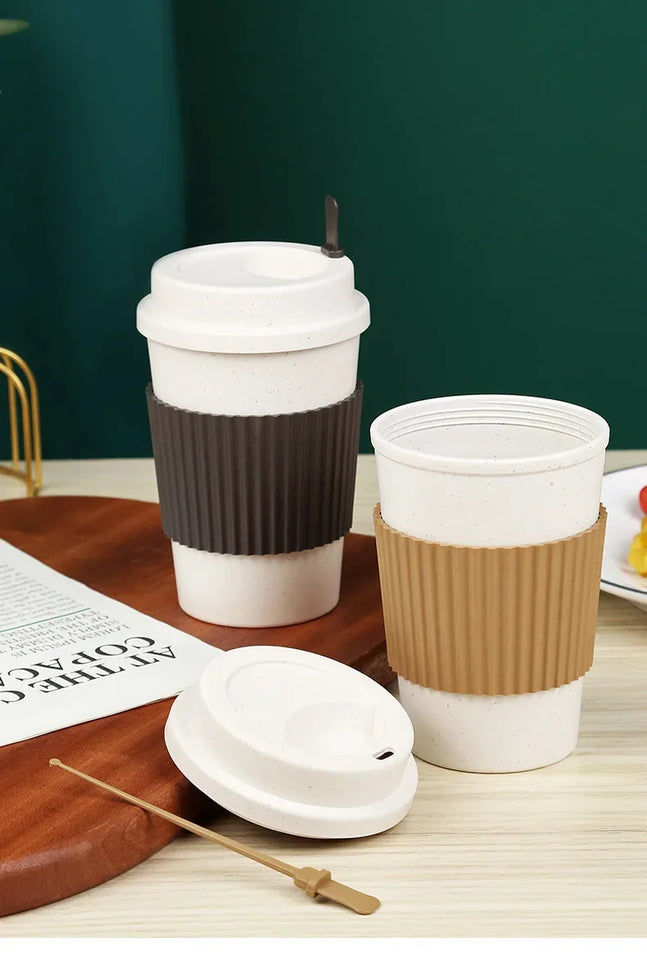 450ML Coffee Cups With Lids Wheat Straw Reusable Portable Coffee Cup Dishwasher Safe Coffee Mug Coffee Tea Travel Cups