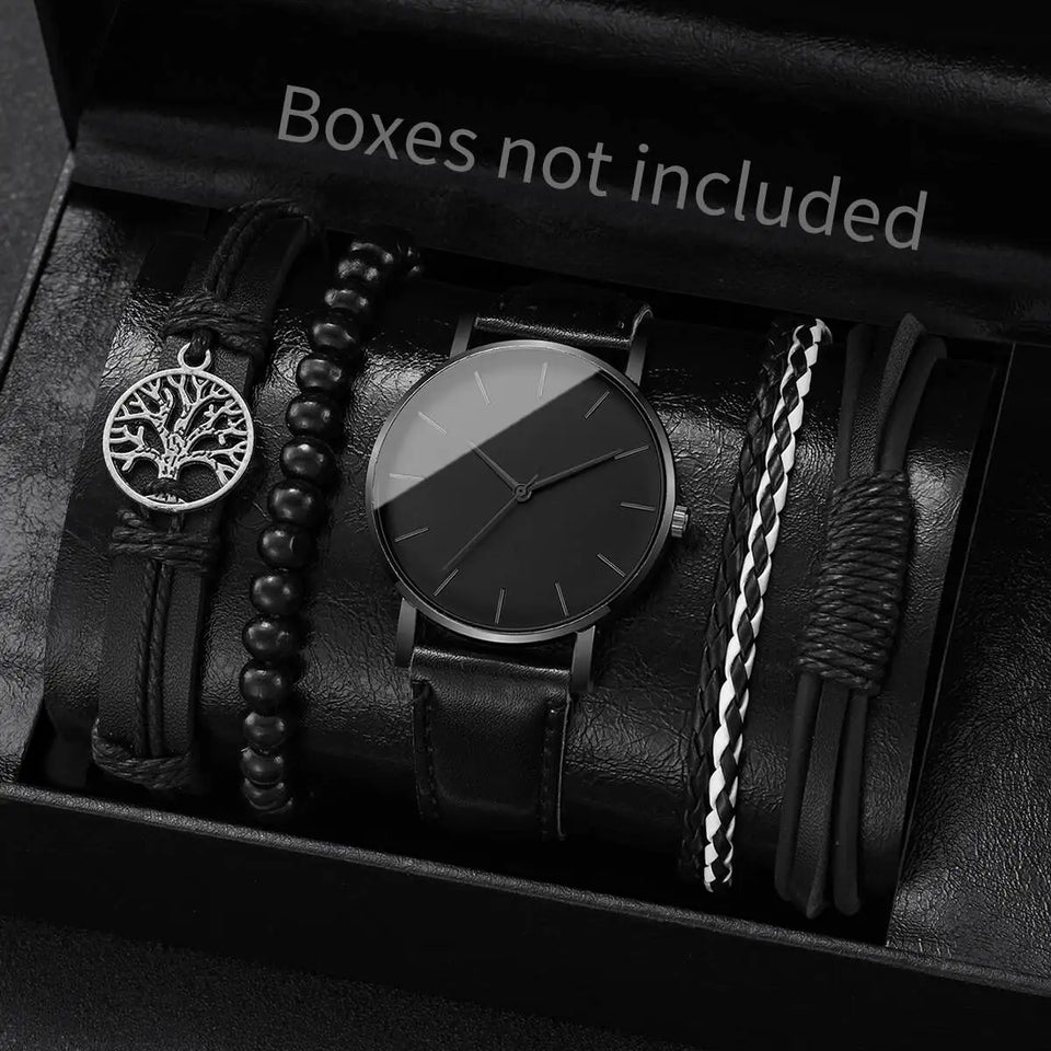 4/5PCS Fashion Leather Strap Men Business Watches Casual Mens Quartz Watch Vintage Bracelets Set Reloj Hombre（Without Box）