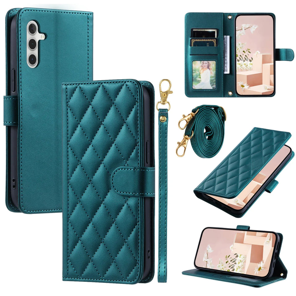 Crossbody Checkered Leather Wallet Case For Samsung Galaxy S24 Ultra S23 Plus S22 S21 FE A55 A25 A35 A15 Lanyard Flip Bag Cover