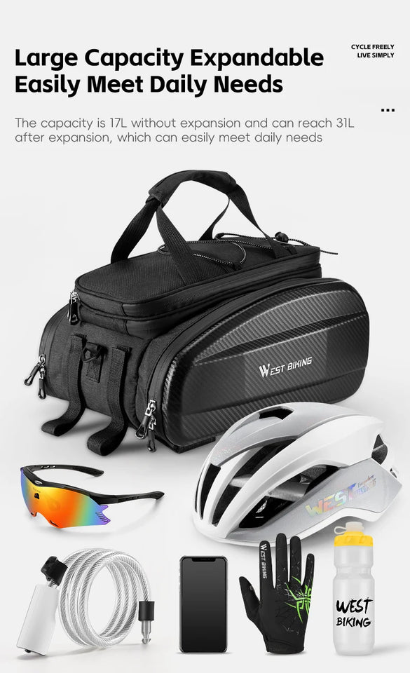WEST BIKING Cycling Trunk Bag Large Capacity Bicycle Pannier Multifunctional Reflective Bike Bag Travel Bag MTB Bike Accessories