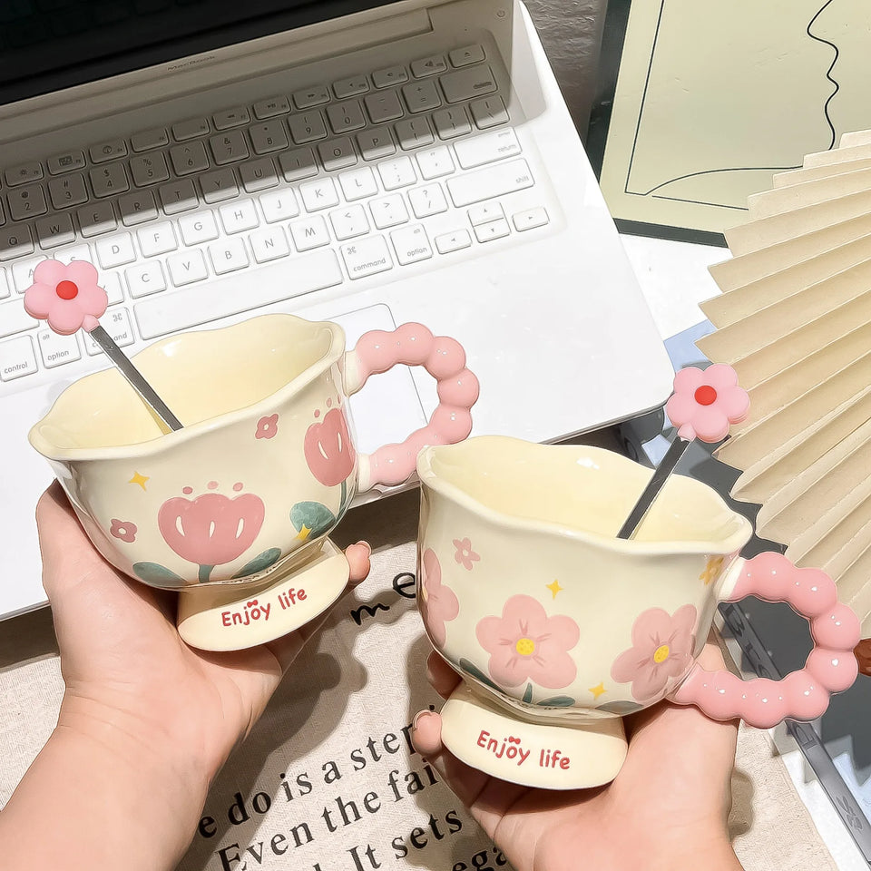 Girls Souvenir Coffee Mug Household Ceramic Cup High Quality Cup Mugs Coffee Miilk Cups Water Cup Birthday Gift Creative Flower