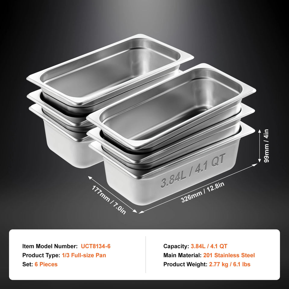 SucceBuy 6/8Pack Hotel Pans 4/6-Inch Deep Steam Table Pans 1/6 1/3 Full Size Chafing Pan 201 Stainless Steel Catering Food Pan