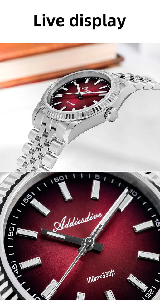 ADDIESDIVE AD2073 Men's Business Watch Sapphire Glass Stainless Steel Quartz Wristwatches Gradient Red Dial Watches Reloj Hombre